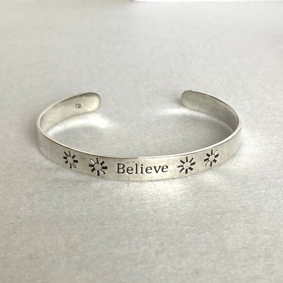 Sterling Silver 925 Stamped “BELIEVE” Inspirational Oval Cuff Bracelet Sz 6.5" - Picture 16 of 16